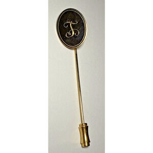 Vintage Letter‎ "T" Monogram Stick Pin Black and Gold Tone J-2B